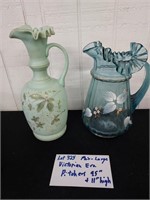 2 victorian art glass pitchers 11" 9.5" ruffled hp