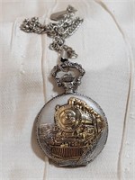 DETAILS POCKET WATCH WITH STEAM ENGINE ON FRONT