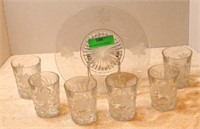 Etched glass flower: 6 cups, plate 7.5"