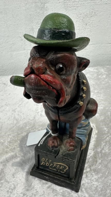 Cast "OLE PUFFER" Bulldog Mechanical Money Bank