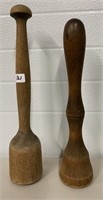 2 Wooden Antique Pounders (13" longest)