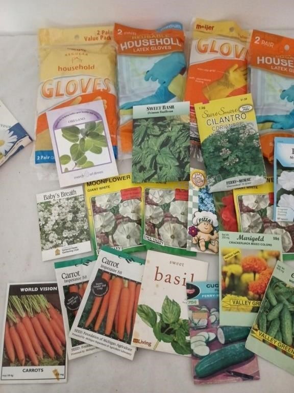 Assorted Seed Packets and Packaged Gloves