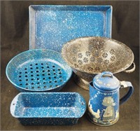 Vtg 5 Pcs Blue Speckled Porcelain Granite Ware