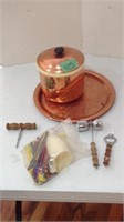 Copper tray, ice bucket, and bar utensils