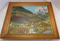 19 x 23" Mountain Village Painting by M. Strunck