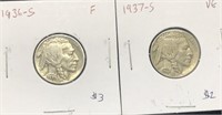 Pair of Vintage Buffalo Nickel Coins