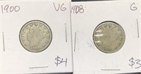 Pair of liberty V nickel coins, graded VG and G