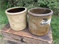 TWO 2 GALLON CROCKS LARGE CRACK ON ONE