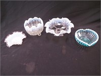 Four opalescent bowls: 6" heart-shaped  blue