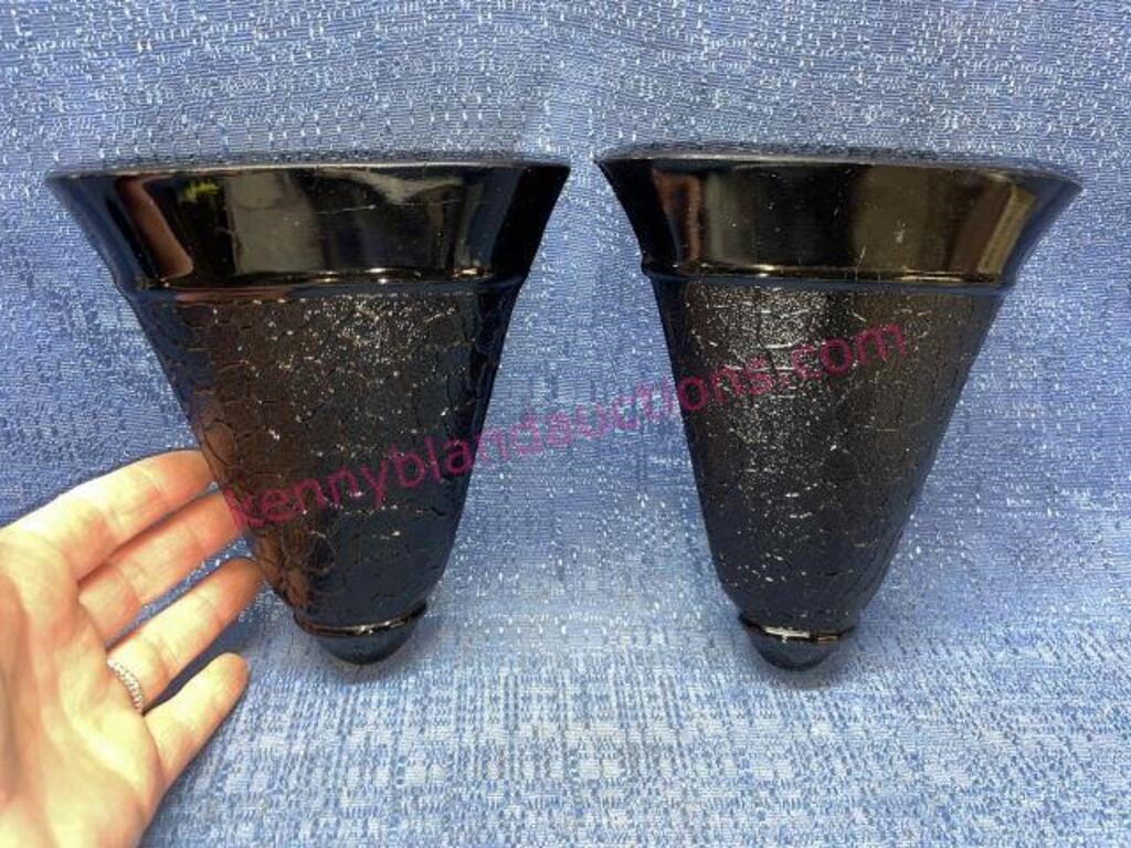 Pair of Art Deco black glass wall pockets