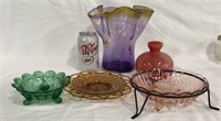 Purple Red Swirl Vase and Green Gold Pink Dish