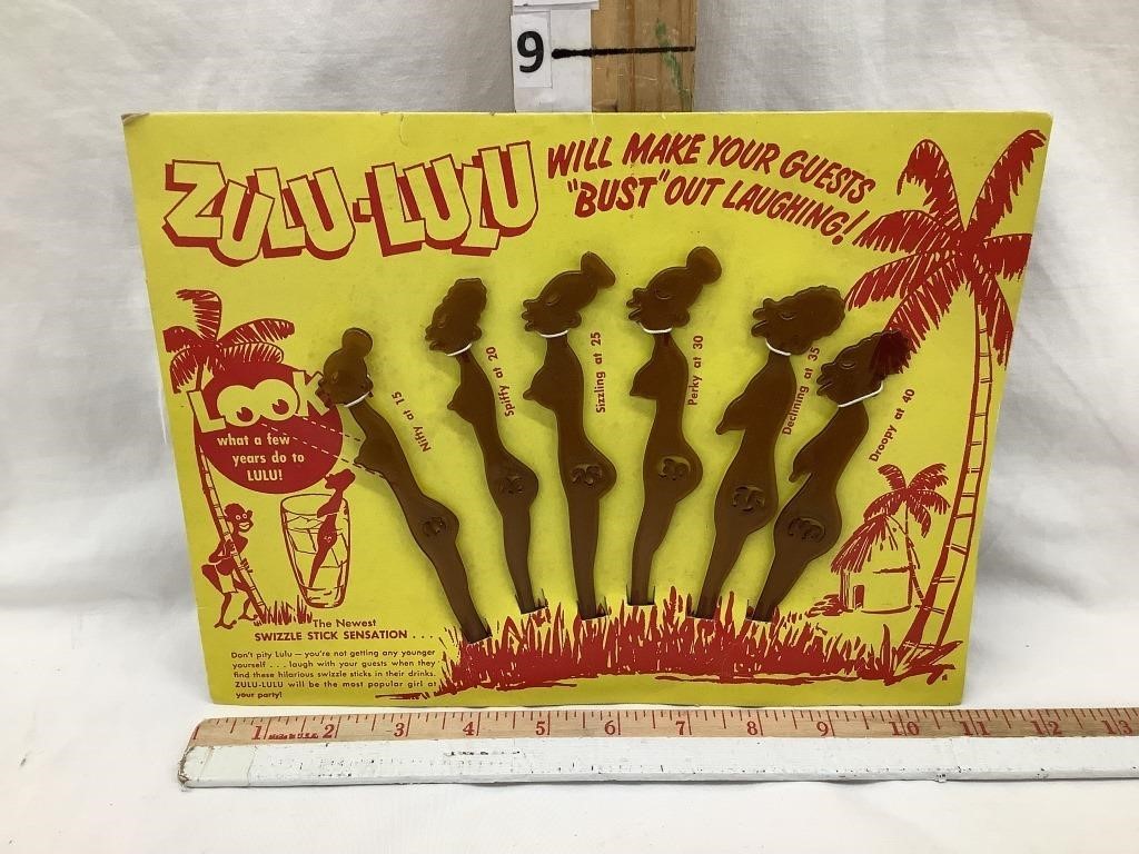 NOS Zulu-Lulu Swizzle Stick Set/Display, Plastic