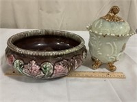 Flat jardinierre and gilt covered candy dish