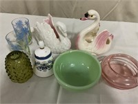 Swans, bowls, glasses, bell