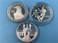 Lot of 3 silver dollars, 1994 S world cup, 1984 S