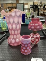 Cranberry Opalescent Glass Vase, Pitcher.