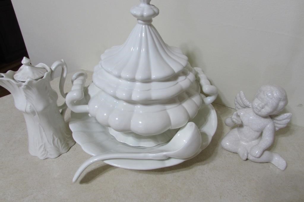 Ceramic Soup Tureen, small Pitcher, Cupid