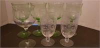Etched floral stemmed glasses (2),  green glass