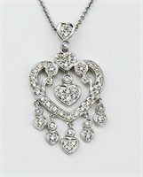 18KWG Diamond tasseled heart pendant & 14KWG chain