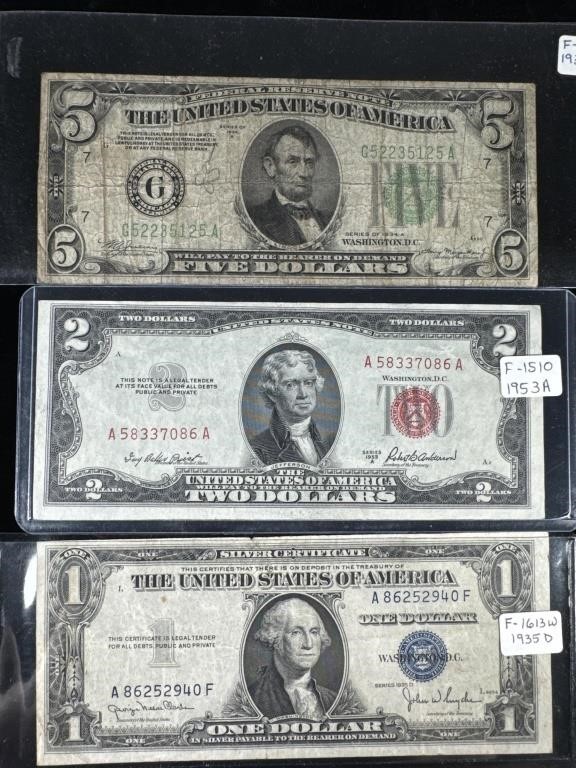 (3) 1935D $1 Blue Seal, 1953A $2 Red Seal, 1934A