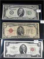(3) 1934B $10 Green Seal, 1928B $5 Red Seal,