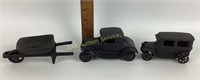 Cast Iron Cars and Wheelbarrow. Reproductions in