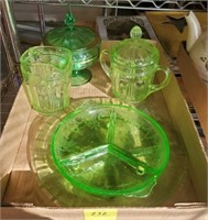 TRAY OF GREEN DEPRESSION GLASS