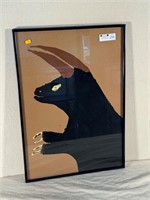 Bull Painting, Gouache on Paper Framed