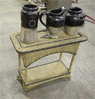 (3) Clay Pots & Wicker Table, Approx 30"x13"x30"