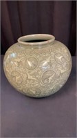 Korean Art Pottery Celadon Jar, 8.5" h X 10 dia