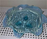 Dugan glass blue opalescent footed bowl