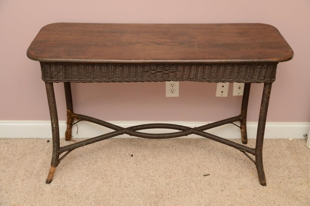 WOOD TOP WICKER BOTTOM CONSOLE TABLE