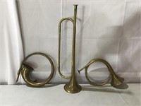 Brass horns: bugle, car horn, pigtail