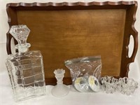 Serving tray, candleholders, and glass decanter