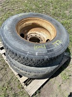 pair of full 11r-24.5 tires on rims. (farm use)