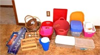 Various storage bins, baskets, push lights