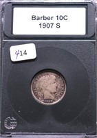 1907 S BARBER DIME VF