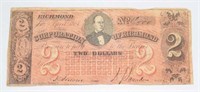 1864 2 DOLLAR RICHMOND VIRGINIA NOTE