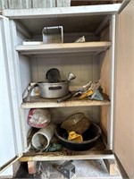 plastic cupboard with funnels, oil pan