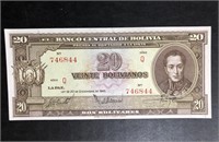 1945 BANCO CENTRAL DE BOLIVIA 20 VIENTE BOLIVIANOS