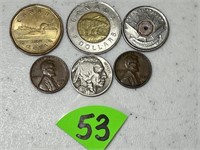 Buffalo Nickel, (2) Wheat Cents & Canada Coins