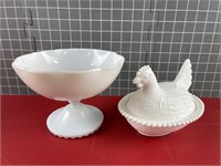 MILK GLASS HEN DISH & PEDESTAL BOWL VINTAGE