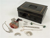 19th C. Document Box & Rhinestone Jewelry
