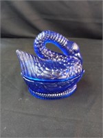 Cobalt Blue Glass Swan Dish with Lid