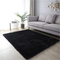 (U) Area Rug Carpet Black Soft Fluffy for Bedrooms