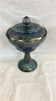 Carnival glass covered dish on pedestal