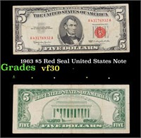 1963 $5 Red Seal United States Note Grades vf++