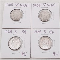 1905, 1908 V Nickels, 1968S, 1969S 5 Cents