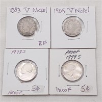 1883, 1904 V Nickels, 1978S, 1977S Proof 5 Cents