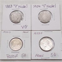 1883 V, 1904 V Nickel, 1974S, 1975S 5 Cent Proofs